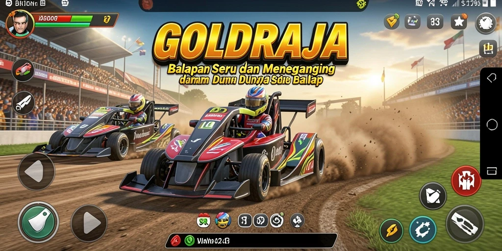 Screenshot gameplay <strong>GOLDRAJA</strong> menampilkan balapan yang menegangkan dan mobil yang cepat.