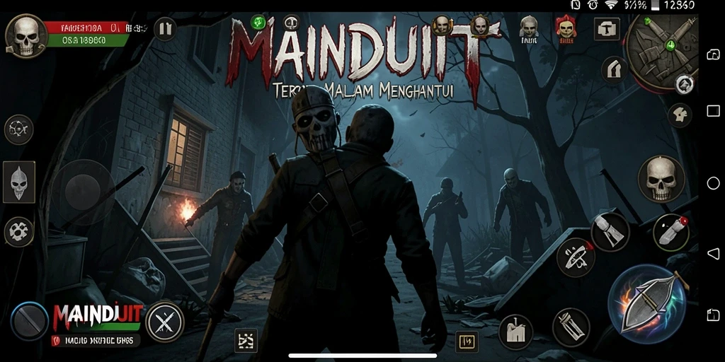 Tampilan gameplay MAINDUIT yang menakutkan dan mencekam di kegelapan.