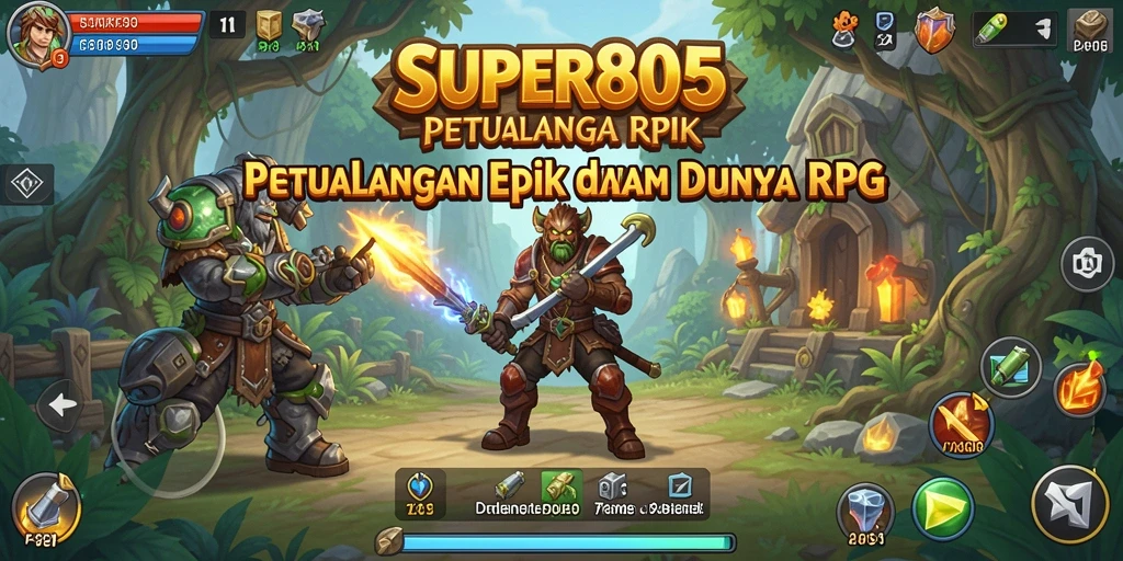 Tampilan gameplay epik dengan pertarungan karakter dalam dunia RPG.